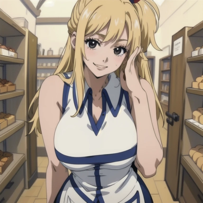 ((masterpiece, best quality, highres, UHD, perfect pixel, depth of field, 8k, RTX, HDR)), BREAK, 1girl, single, solo, beautiful anime girl, beautiful artstyle, anime character, ((long hair, blonde hair)), (green:1.4, rounded eyes, beautiful eyelashes, realistic eyes),big breast, without clothes wearing only a white apron, covered in sweat, blushing, with a smile, BREAK, holding a bitten bread in the hand, sexy pose in a pastry shop with shelves with a lot of bread.