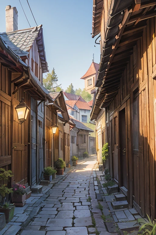 shady narrow back alley in a slavic medieval city, uneven old wooden houses, shingled roofs