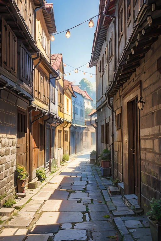 shady narrow back alley in a slavic medieval city, uneven old stone houses, shingled roofs

