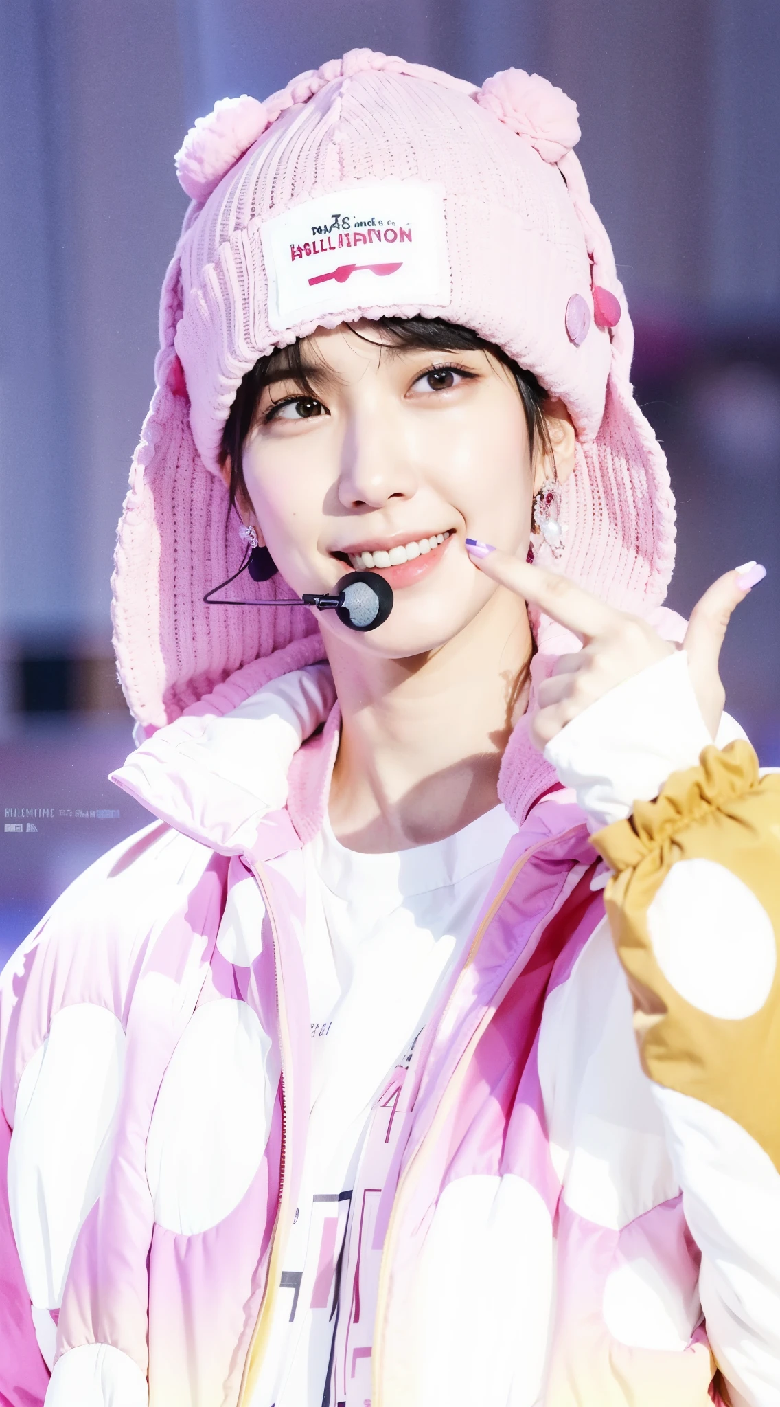 un primer plano de una persona que lleva un sombrero rosa y una chaqueta rosa, Baekhyun , Mirada inocente, pale korean adorable face, nice girl, hiperdetallado!!, 2263539546], kim taejin, 1285445247], yoongi de pelo negro, shy smile, posprocesado), sonrisa alegre, kpop boy, white hair 