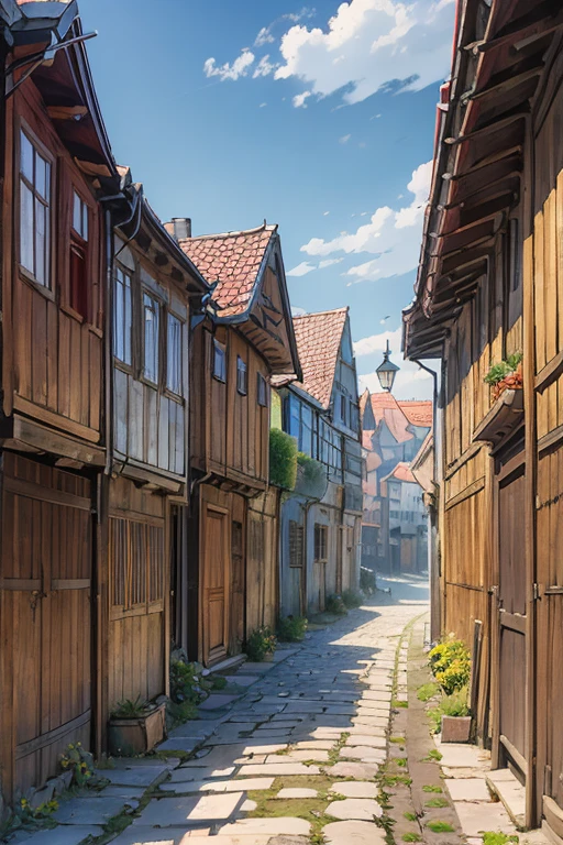 shady narrow back alley in a slavic medieval city, uneven old wooden houses, shingled roofs
