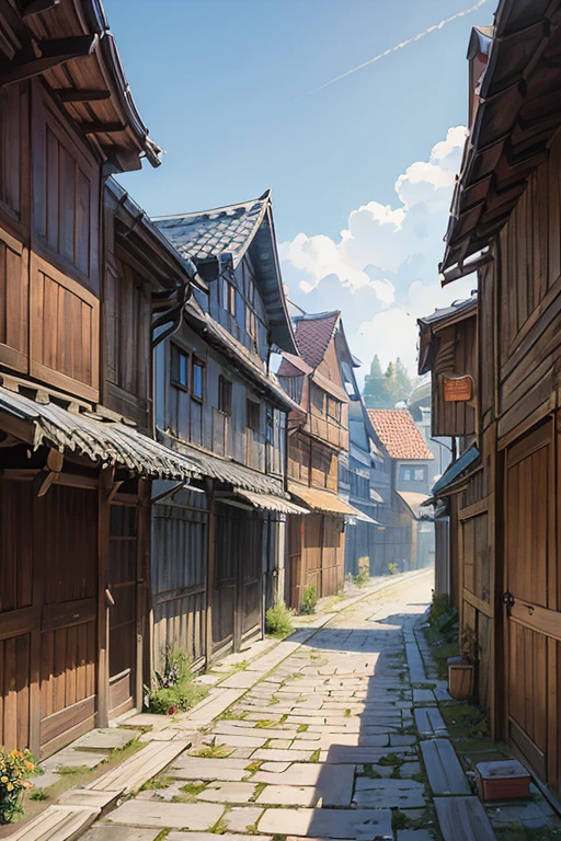 shady narrow back alley in a slavic medieval city, uneven old wooden houses, shingled roofs
