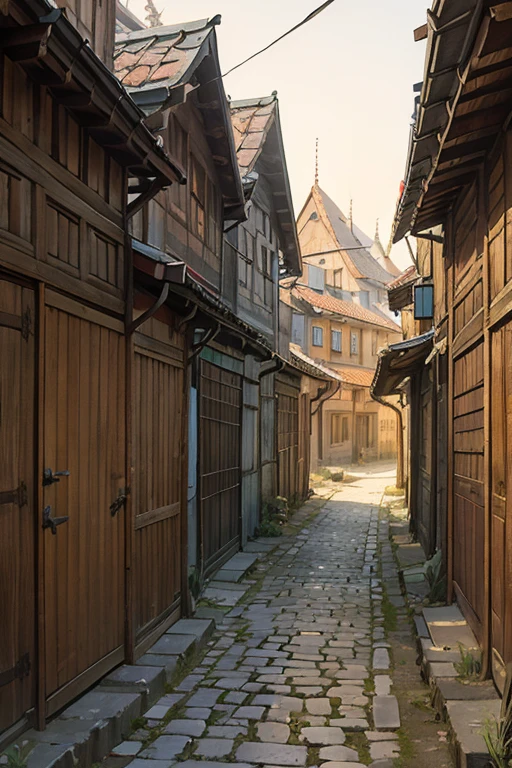 shady narrow back alley in a slavic medieval city, uneven old wooden houses, shingled roofs