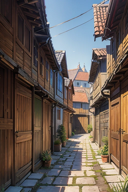 shady narrow back alley in a slavic medieval city, uneven old wooden houses, shingled roofs