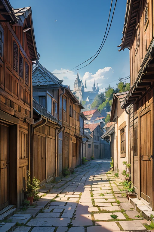 shady narrow back alley in a slavic medieval city, uneven old rickety wooden houses, shingled roofs