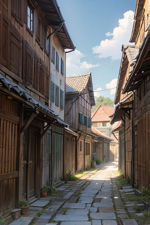 shady narrow back alley in a slavic medieval city, uneven old rickety wooden houses, shingled roofs