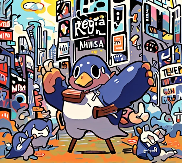 Prinny holding Two Knife hand on New York City, Art of Hellper 