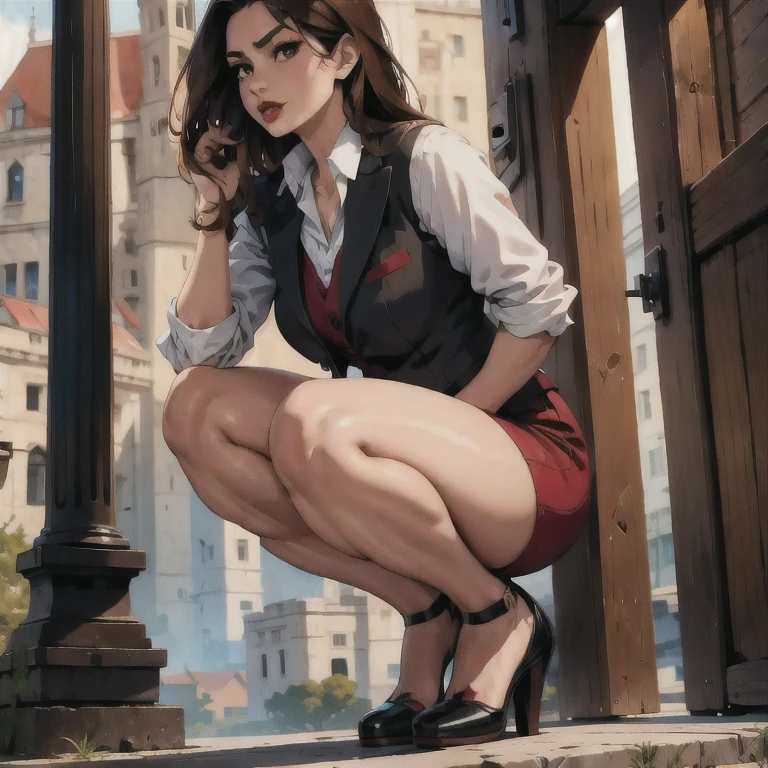 (masterpiece, best quality:1.2), 1girl, long hair, brown hair, brown eyes, red lips, alone, solo, shirt, vest, trousher, hig heels,