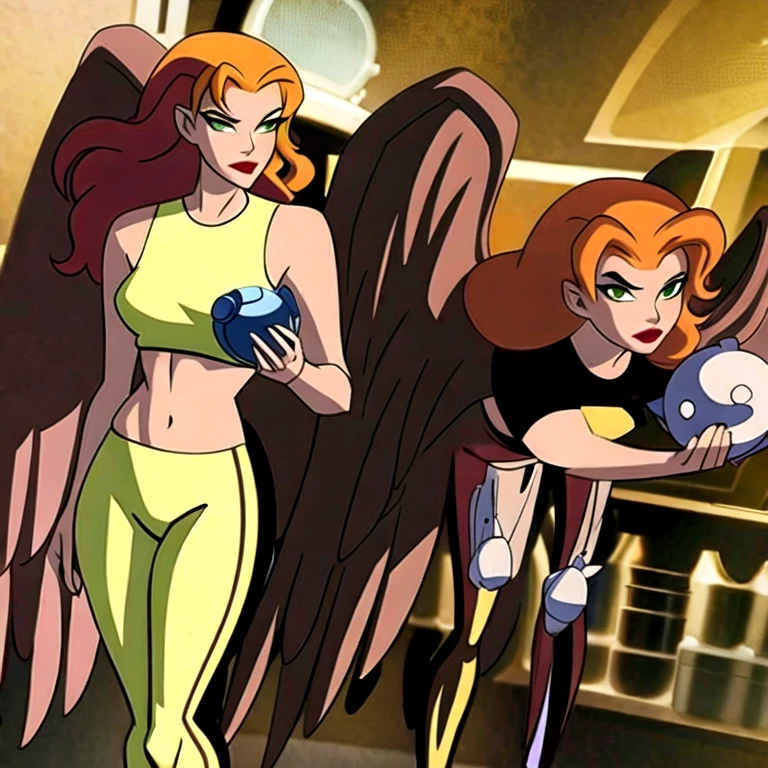 (masterpiece, best quality:1.2), 1girl, solo, Shayera, grey wings, feathered wings, long wings, standing, full body, green eyes, long hair, lipstick, smilling, orange hair, crop top, yellow, yellow legwear