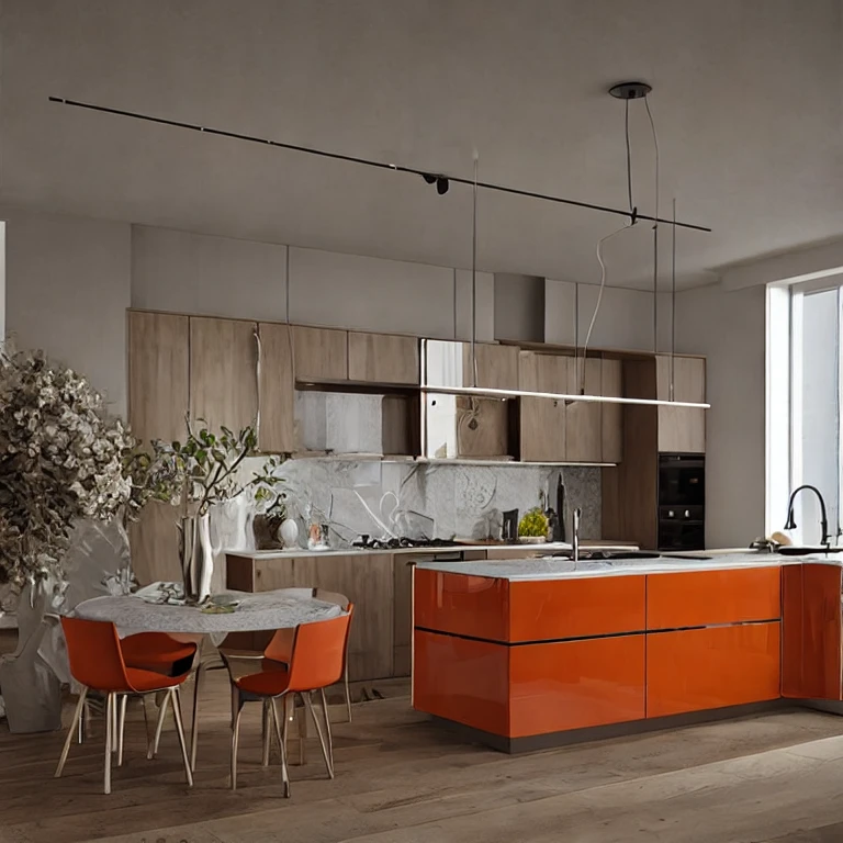 (masterpiece, best quality:1.2), KTH Lux 8 - Minimal, minimalism kitchen, glossy orange island kitchen