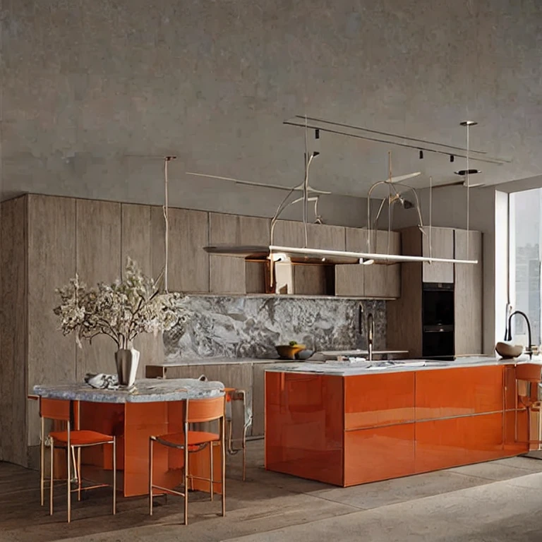 (masterpiece, best quality:1.2), KTH Lux 8 - Minimal, minimalism kitchen, glossy orange island kitchen