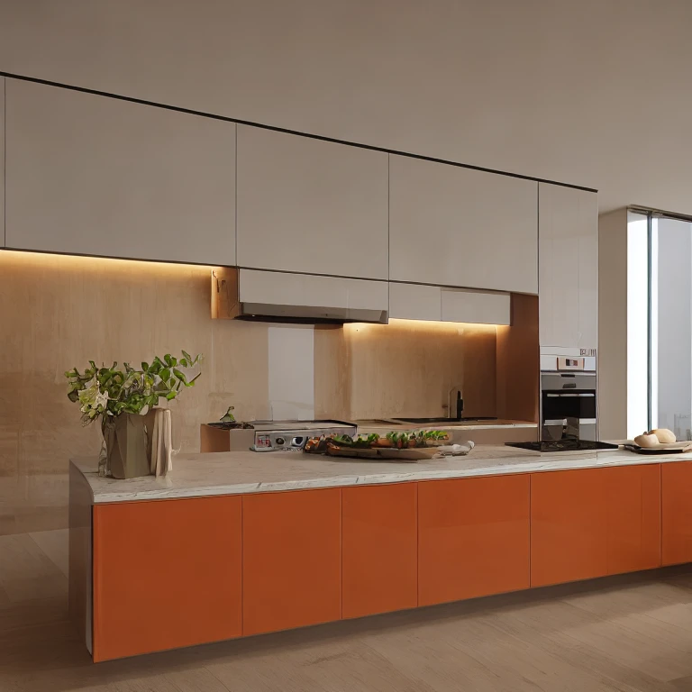 (masterpiece, best quality:1.2), KTH Lux 8 - Minimal, minimalism kitchen, glossy orange   island kitchen