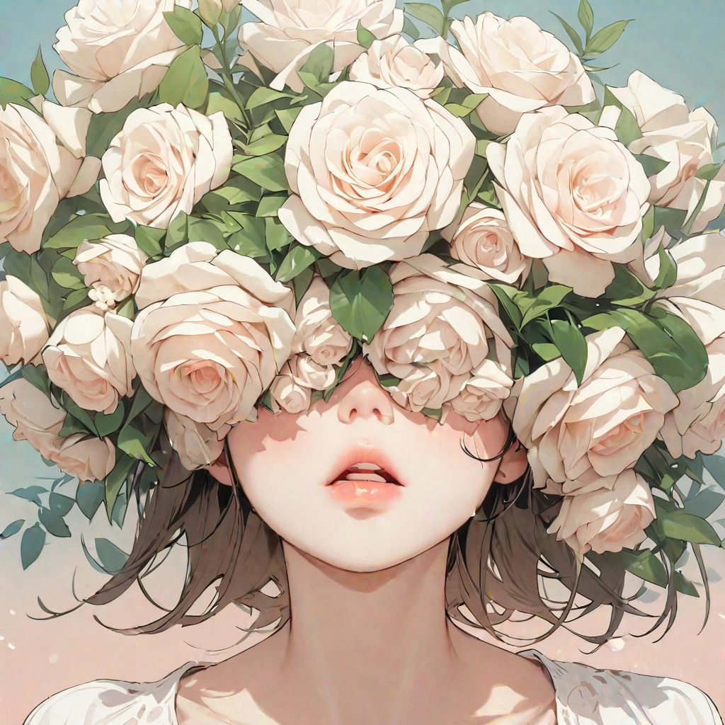 (masterpiece, best quality:1.2), A beautiful woman with flowers covering her eyes,