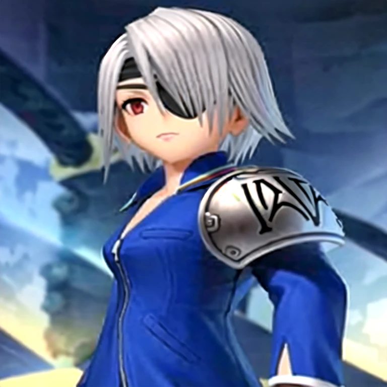 (masterpiece, best quality:1.2,simple background,white background,anime style),1girl,solo,fujin \(final fantasy8\),hair over one eye,jacket,looking at viewer,red eyes,short hair,silver hair,smile,one eye,eyepatch,shoulder pad