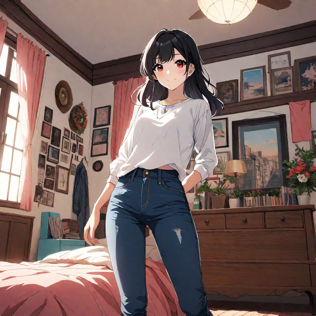1girl, black hair, red eyes, smiling, white shirt, jeans, standing, from below, aestheticanime, bedroom, abundant decor, detailed decor