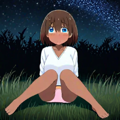 uzakichan, uzaki dark tan hair, , blue eyes, embarrassed, blushing, white shirt, pink panties, sitting with legs spread, full body outside, flowery ground, at night, starry sky, wind blowing grass