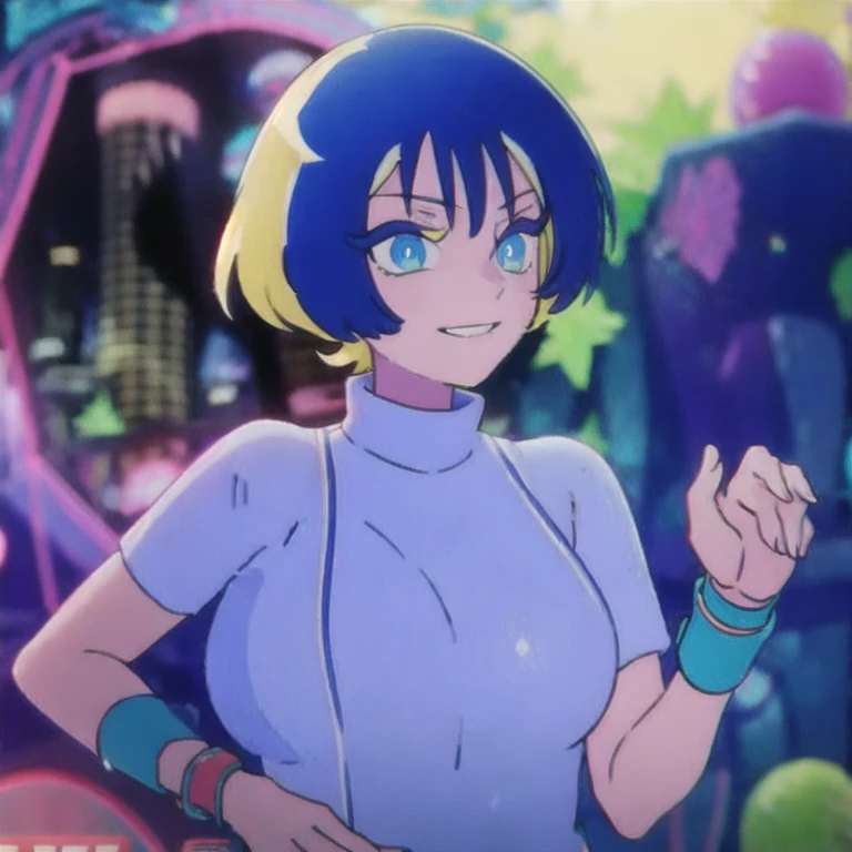 (masterpiece, best quality:1.2), 1girl,cinamonty,solo, smile, short hair, blonde hair, blurry, blurry background, blue eyes, blue hair, male focus, 1girl,big breast, multicolored hair, upper body, shirt, closed mouth, wristband, short sleeves, turtleneck,succubus