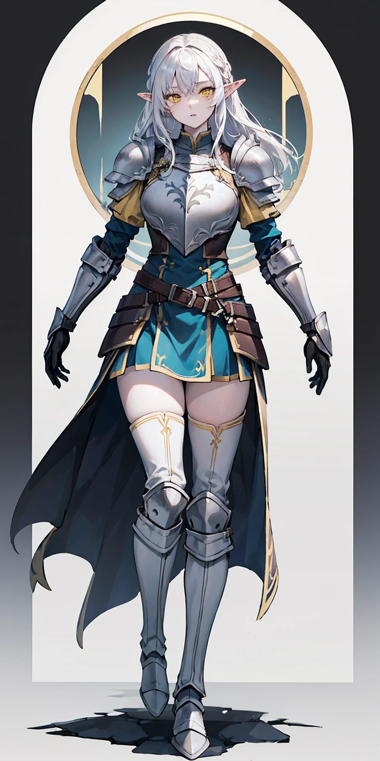 masterpiece, best quality, high quality, 1solo white SKIN elf, long hair, white hair, yellow eyes, full body, breastplate, looking at viewer, shiny, armor, thigh highs, high boots, shoulder armor, faulds, poleyn, gloves, gauntlets