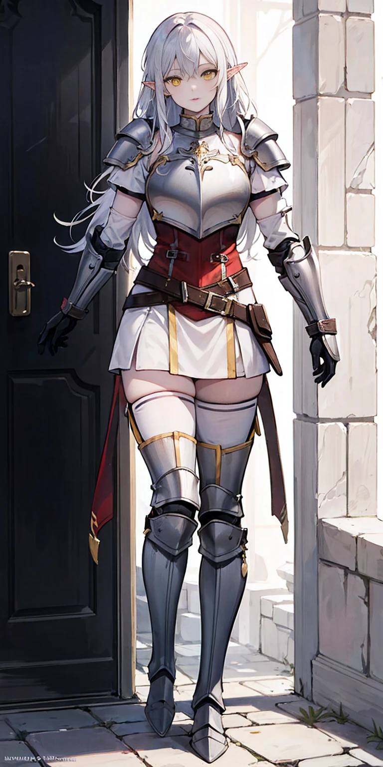 masterpiece, best quality, high quality, 1solo white SKIN elf, long hair, white hair, yellow eyes, full body, breastplate, looking at viewer, shiny, armor, thigh highs, high boots, shoulder armor, faulds, poleyn, gloves, gauntlets