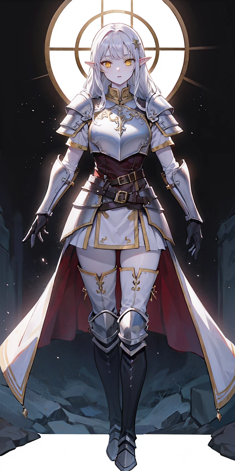 masterpiece, best quality, high quality, 1solo white SKIN elf, long hair, white hair, yellow eyes, full body, breastplate, looking at viewer, shiny, armor, thigh highs, high boots, shoulder armor, faulds, poleyn, gloves, gauntlets