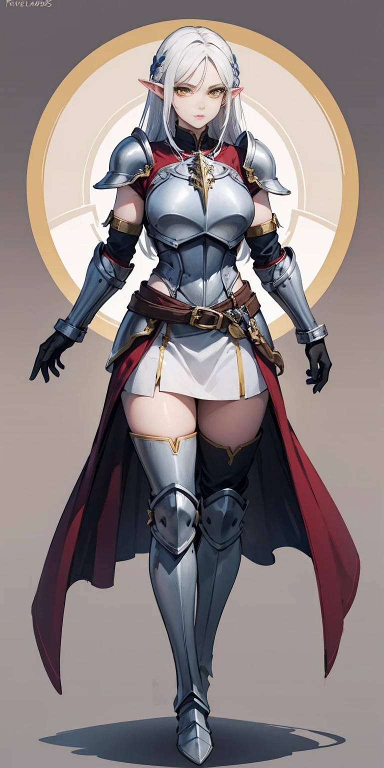 masterpiece, best quality, high quality, 1solo white SKIN elf, long hair, white hair, yellow eyes, full body, breastplate, looking at viewer, shiny, armor, thigh highs, high boots, shoulder armor, faulds, poleyn, gloves, gauntlets