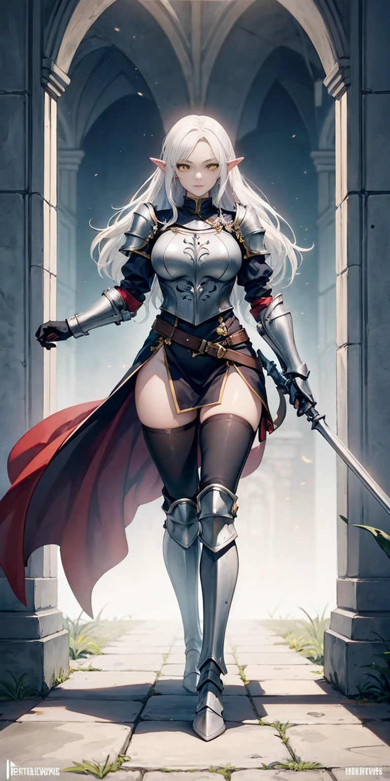 masterpiece, best quality, high quality, 1solo white SKIN elf, long hair, white hair, yellow eyes, full body, breastplate, looking at viewer, shiny, armor, thigh highs, high boots, shoulder armor, faulds, poleyn, gloves, gauntlets