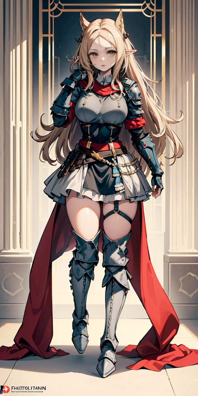 masterpiece, best quality, high quality, 1solo white SKIN elf, long hair, white hair, yellow eyes, full body, breastplate, looking at viewer, shiny, armor, thigh highs, high boots, shoulder armor, faulds, poleyn, gloves, gauntlets