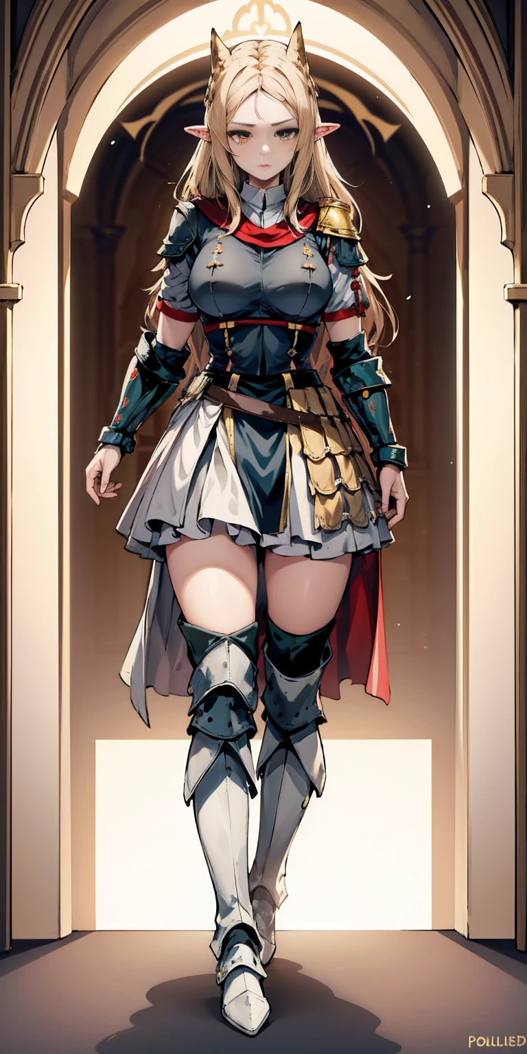 masterpiece, best quality, high quality, 1solo white SKIN elf, long hair, white hair, yellow eyes, full body, breastplate, looking at viewer, shiny, armor, thigh highs, high boots, shoulder armor, faulds, poleyn, gloves, gauntlets