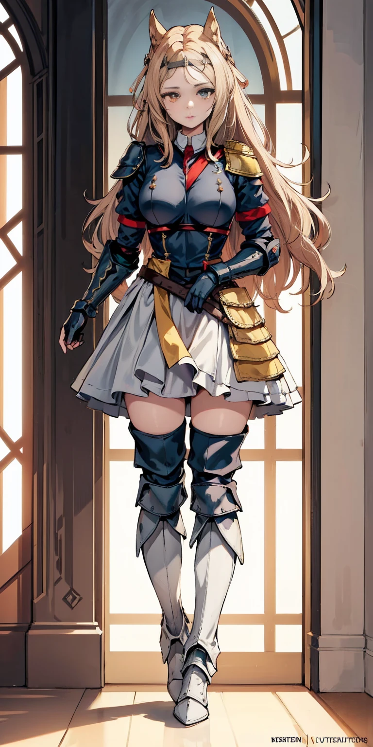 masterpiece, best quality, high quality, 1solo white SKIN elf, long hair, white hair, yellow eyes, full body, breastplate, looking at viewer, shiny, armor, thigh highs, high boots, shoulder armor, faulds, poleyn, gloves, gauntlets