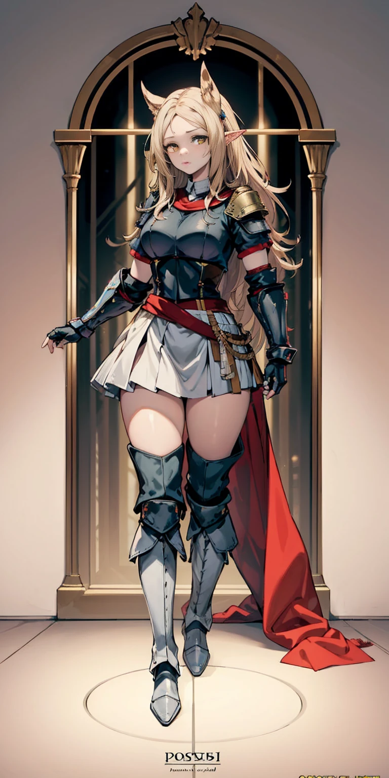 masterpiece, best quality, high quality, 1solo white SKIN elf, long hair, white hair, yellow eyes, full body, breastplate, looking at viewer, shiny, armor, thigh highs, high boots, shoulder armor, faulds, poleyn, gloves, gauntlets