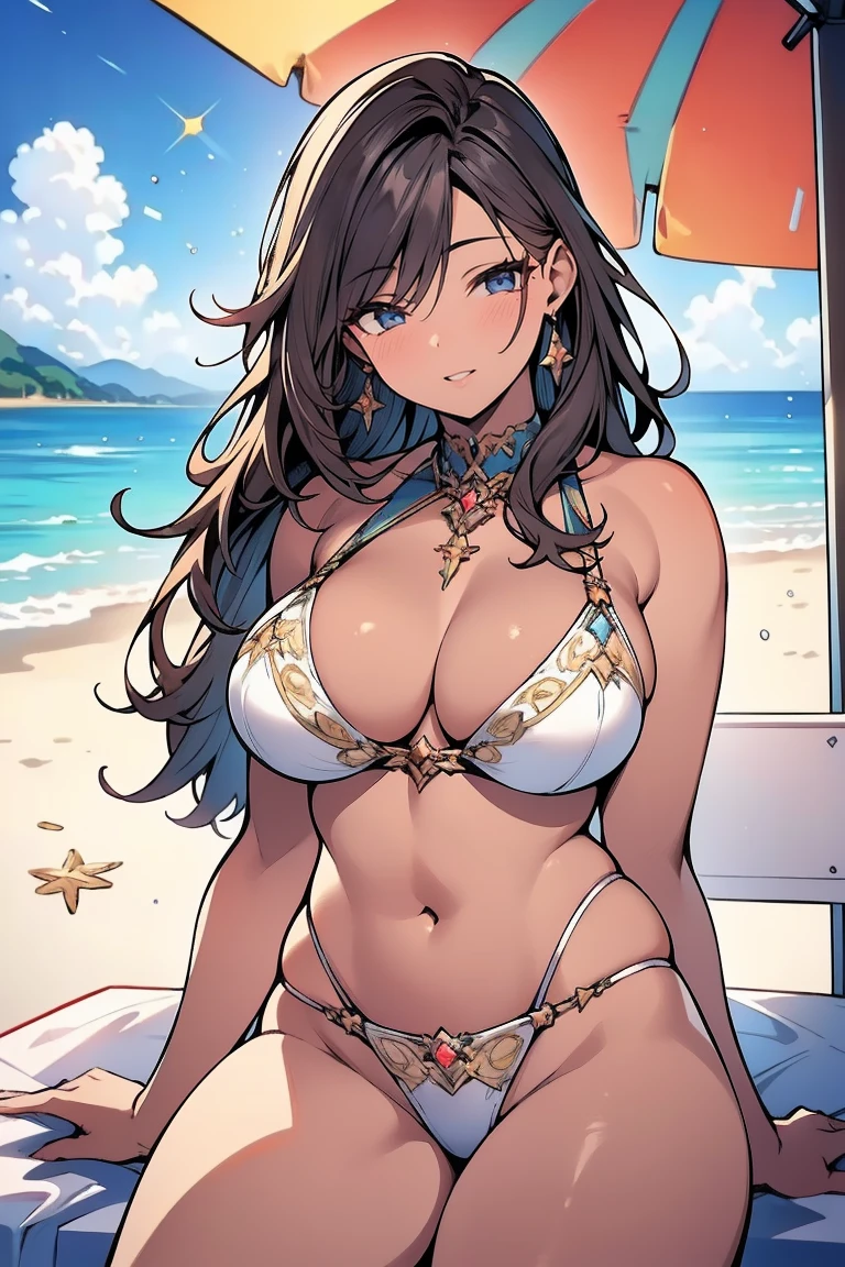 (best quality,4k,8k,highres,masterpiece:1.2),ultra-detailed,realistic, HDR lighting, beautiful detailed eyes, beautiful detailed lips, long dark hair, tanned skin, seductive gaze, confident pose, beach background, soft lighting, vibrant colors, glossy texture, swimwear, tropical atmosphere