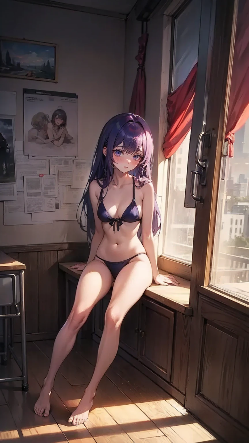 A woman in a bikini、-year-oldng wo with long purple hair sitting in the classroom (school 1.5 in the background) (Serious expression, cold 1.5) (best quality: 1.1) (masterpiece: 1.3) with an unparalleled masterpiece, Surreal 8K, perfect work of art, Super details, best quality, masterpiece 4K wallpaper aesthetics, masterpiece, Award-winning artwork, official art, movie lighting