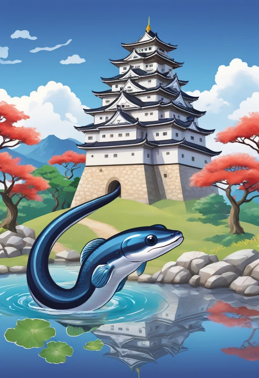 Cute icon with eel illustration,Docile feeling、Not human、Hamamatsu Castle in the background