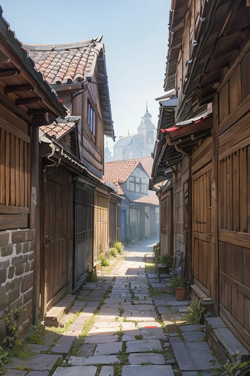 shady narrow back alley in a slavic medieval city, uneven old rickety wooden houses, shingled roofs