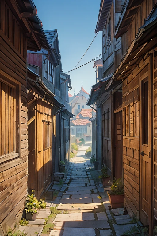 shady narrow back alley in a slavic medieval city, uneven old rickety wooden houses, shingled roofs
