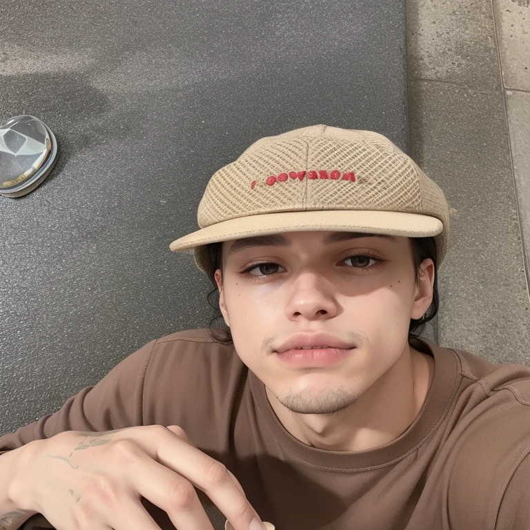 there is a man sitting on the floor with a sandwich, Pete Davidson, Frank Dillane, with a strange hat, taken at the beginning of 2020, he is wearing a hat, Brandão, with a rap cap on his head, Anthony Pafford, is wearing a cute little hat, Faded hat, wears a destroyed hat, with hat