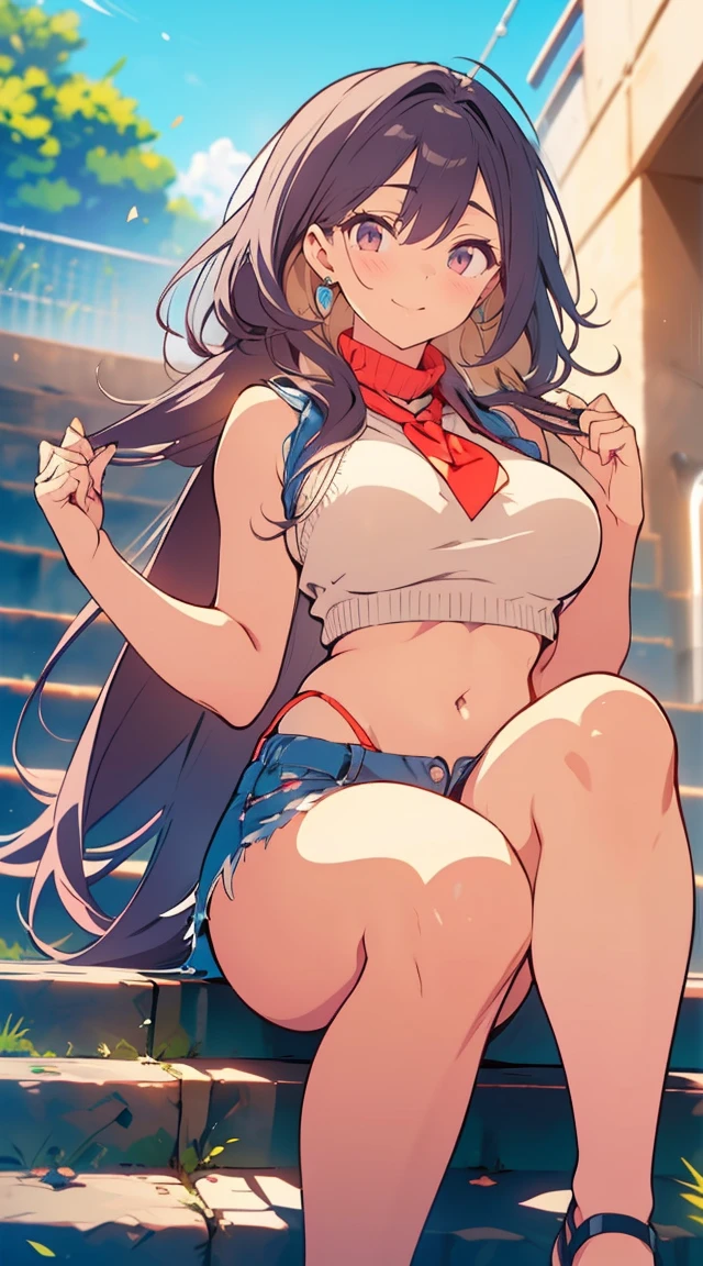 (tampo da mesa, Mais alta qualidade, high resolution, , Pixel Perfeito, 4K,), 1 garota, Solteiro, sozinho, linda mulher、Eu pude ver todo o corpo、 ((cabelo meio ondulado, franja, Cabelo castanho)), ((olhos castanhos, beautiful eyelashes, realista eyes)), ((rosto detalhado, corar:1.2)), ((textura lisa:0.75, realista texture:0.65, realista:1.1, Estilo CG de anime)), medium breasts, dynamic angle, corpo perfeito, ((, Beige sleeveless sweater with turtleneck、Saia jeans justa、meias pretas、lindo colar、brincos、Abra bem as duas pernas、ajoelhe-se)), olhar para cima、shy smile、sit on the stairs of the university campus、Angle from below、enfatizar o peito、、pink lace panties are visible、