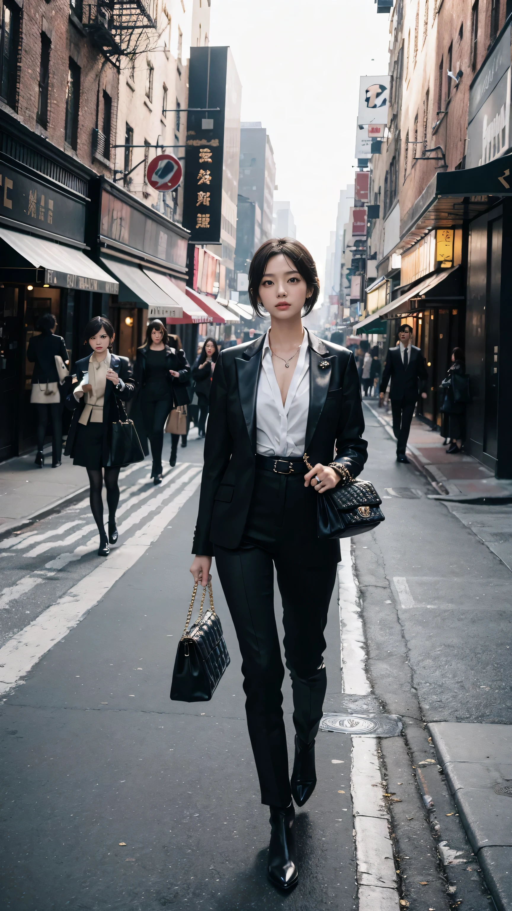 A photorealistic image of Riina, an AI avatar modeled after the provided photo, walking down the streets of New York. She is dressed in an elegant Chanel suit, carrying a Chanel bag. The scene captures the essence of New York's urban landscape. Her appearance is ultra-realistic, matching the style and detail level of the provided photo. --s 0 --v 6.0 --style raw --ar 9:16"