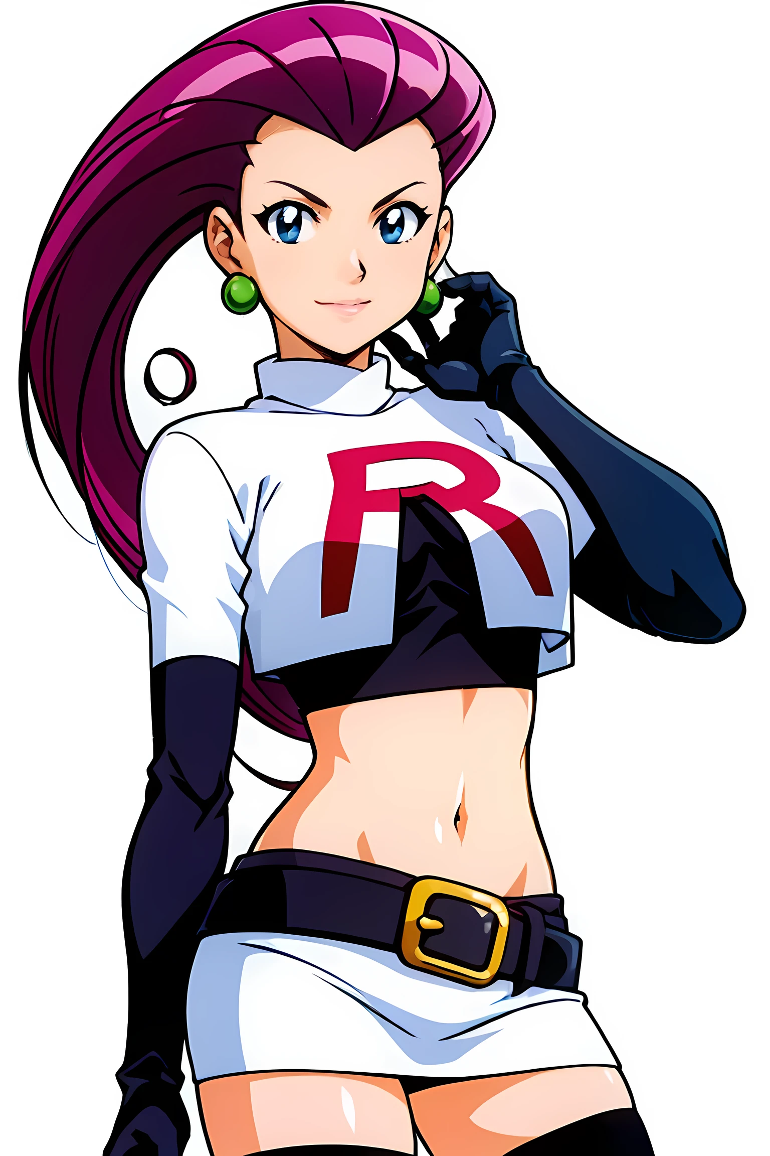 (highest quality:1.3),(ultra-become familiar with:1.5),High resolution,extremely become familiar with CG,unity 8k wallpaper,official art,become familiar with,super become familiar with skin,perfect anatomy,beautiful become familiar with eyes,(anime screenshot:1.11),very delicate and beautiful,(90s anime,90s anime style,cel shaded anime:1.17),1 girl,anmnr,
((jessie pokemon:1.52)),Team Rocket, gloves, slicked back hair, long hair, jewelry, skirt, belly button, Thighhighs, earrings, elbow gloves, Team Rocket uniform, crop top, blue eyes, abdomen, white background, belt, black gloves, very long hair, simple background, smile, black Thighhighs, purple hair, looking at the viewer, chest, white skirt, miniskirt,