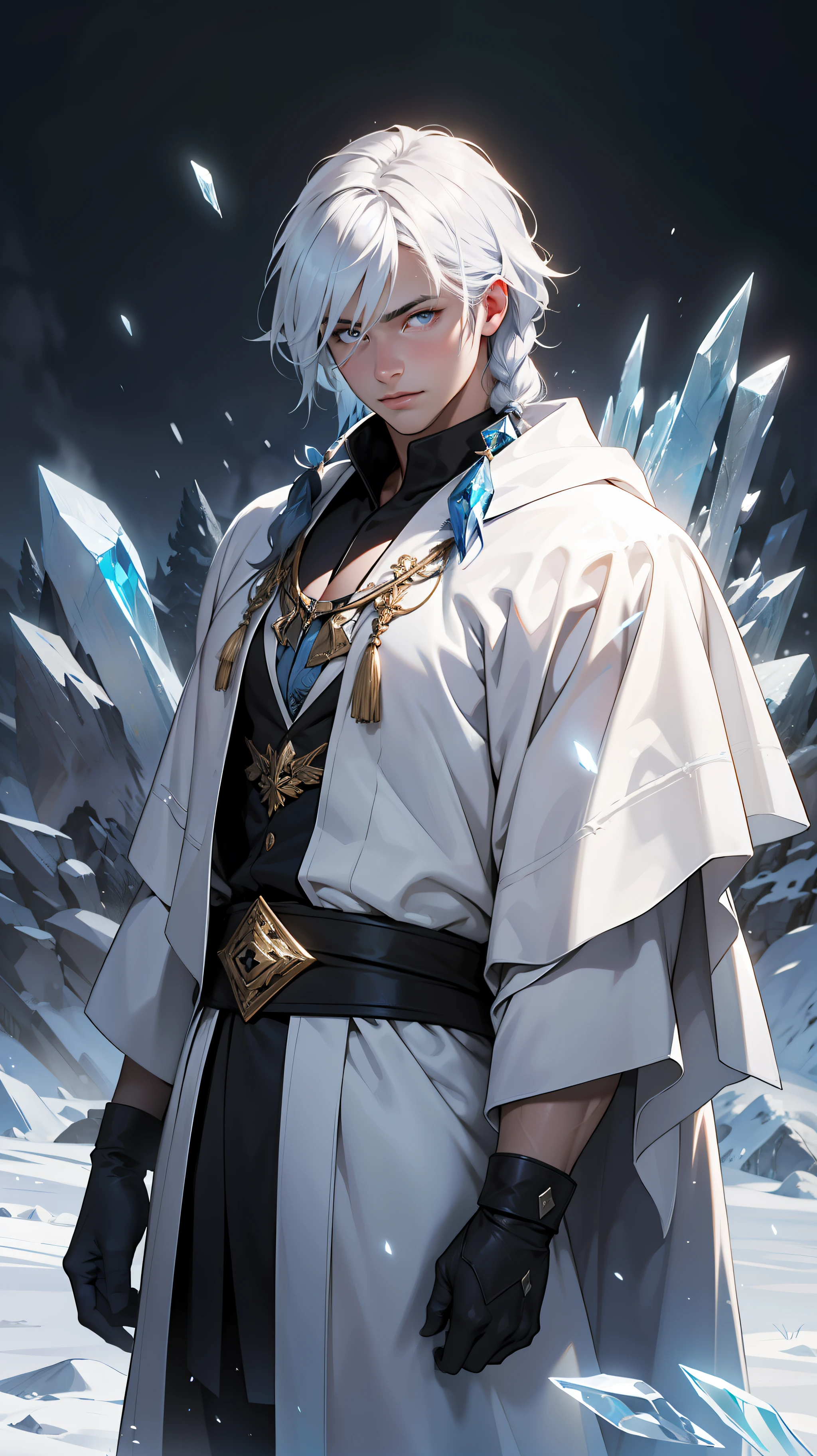 Libido boy，Youth，Highly detailed background，Hello comrade，Optimum quality，Snow and ice theme，Realistic image，Kasiri Art，With light particles and volumetric light effects，Crystal fragments，call up，Ice and snow scenes，（Crystal hair），Land of jewels，（（（Clear poetry））），Simple white clothes，Long white robe，Holy glow，Dingdall effect