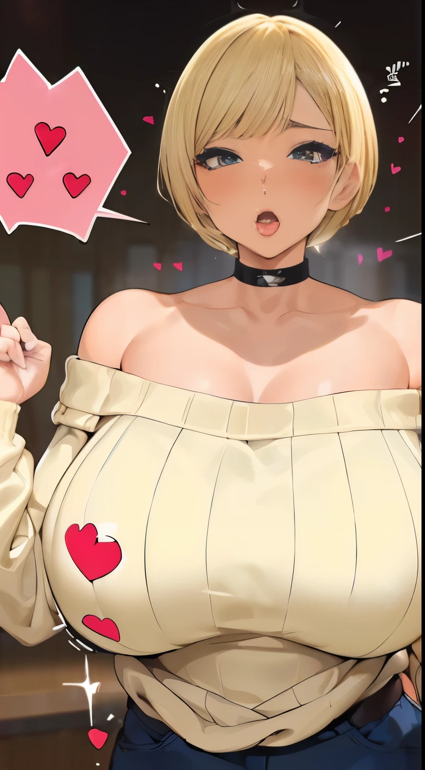 Screaming , (((big breasts))), exclamation mark, moan, many hearts,spoken heart, comic strip,
(moving line, motion blur)、lots of heart speech bubbles,(((Lightweight off-the-shoulder sweater)))、brown skin、(((gal、galファッション、Sexy bitch、Straight short hair、blonde、heavy makeup,galマイク)))、character Nonsummerjack、full shot