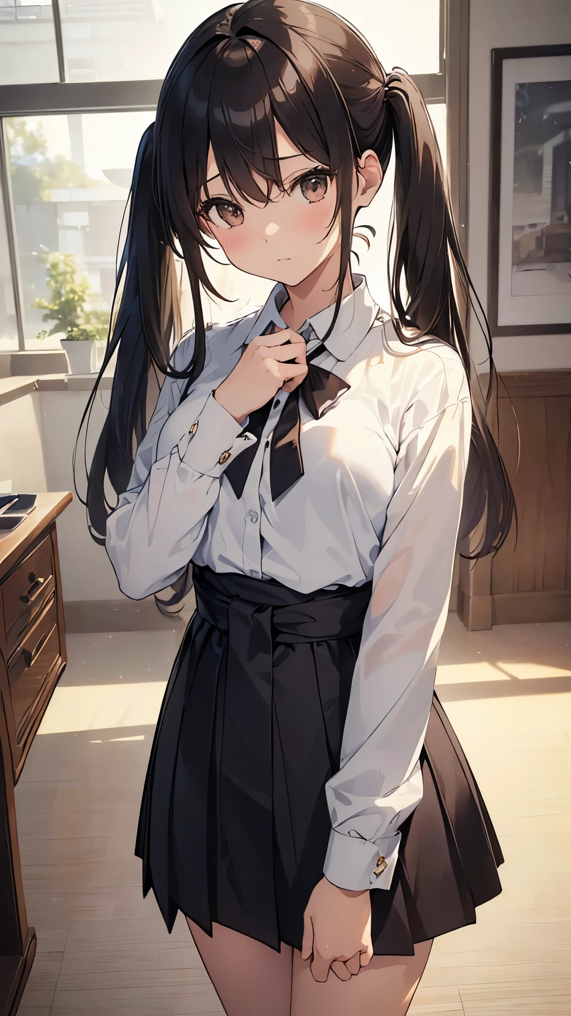 1 girl, ((((masterpiece))), highest quality, highest quality, high detail, azusa nakano, 1 girl, Sakuragaoka High School Uniforms, musical instrument, , twin tails, long hair, black hair, brown eyes, alone, red, 濃い青色のブレザーにredい細いリボンが付いています, Plain white button shirt under blazer, figure, comics, soothing tone, calm colors, soft movie-like light, Adobe Lightroom, photo lab, HDR, complex and highly detailed, (((Depth of the bounds written))))). (((masterpiece))). (((highest quality))).) ((Super detailed))). (((figure))). (((indoor))). (((put your hand on your waist)))). chest,(((room))).dynamic focus.小さなchest.