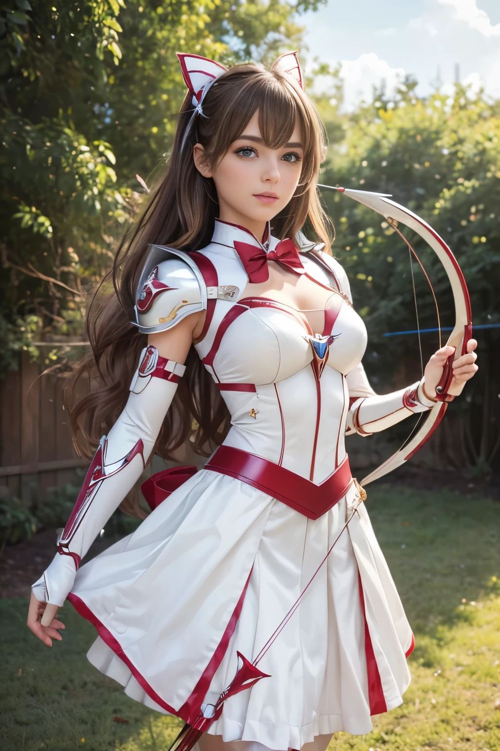 (highest quality ,High resolution,masterpiece:1.2), Super detailed, realistic:1.37, (perfect anatomy), whole body,1 girl, Cute and perfect beautiful European girl ,archery,(Modified to Magical Girl;1.3),Torlook, beautiful eyes, battle pose, whole bodyっぽい, detailed facial features, fine hair, detailed costume, wonderful eyes, beautiful lips, brown hair , (Details of the futuristic design of the white bionic magical girl costume and scarlet long skirt:1.2),Magic bow、Magic Arrow、