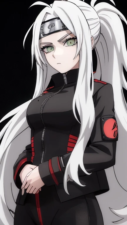 Anime Naruto Shippuden is a white girl with long white hair and sharp green eyes wearing a long jacket and a black and red jumpsuit 