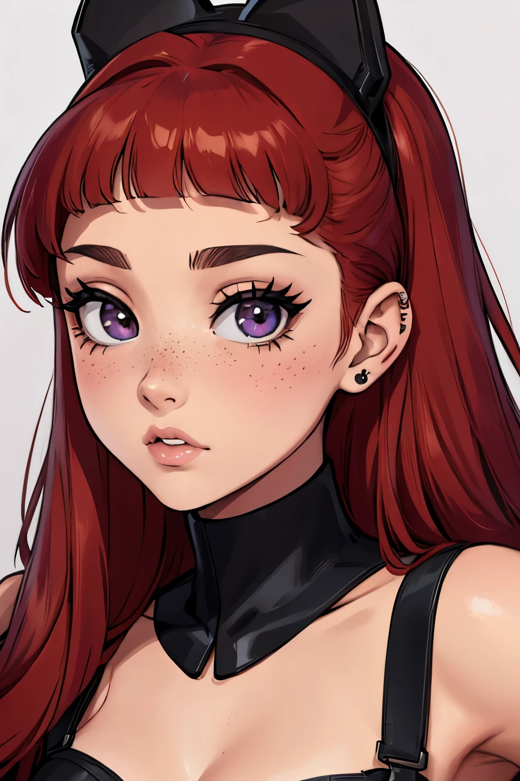 Ariana Grande, ager 18 years old, retrato, red_hair, straight_bangs, black_eyes, pecas