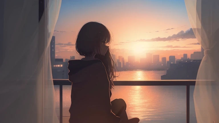 A beautiful young woman is sitting on a balcony at sunset, gazing outside with a cup of coffee