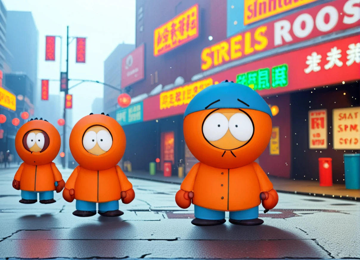 Kenny McCormick Tranform Evil Robots Orange Spike Monster holding Two Knife walking in Chinatown, Style of Robot Chicken 