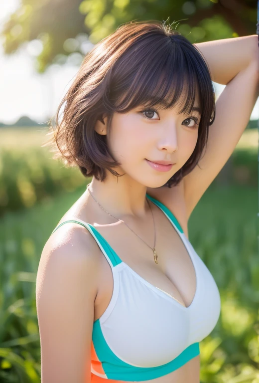 (highest quality, 8K, 32k, masterpiece, UHD: 1.2), cute japanese women pictures, big breasts, very short bob hair, Upper body, (school swimwear, : 1.1) necklace, eggplant field, look around