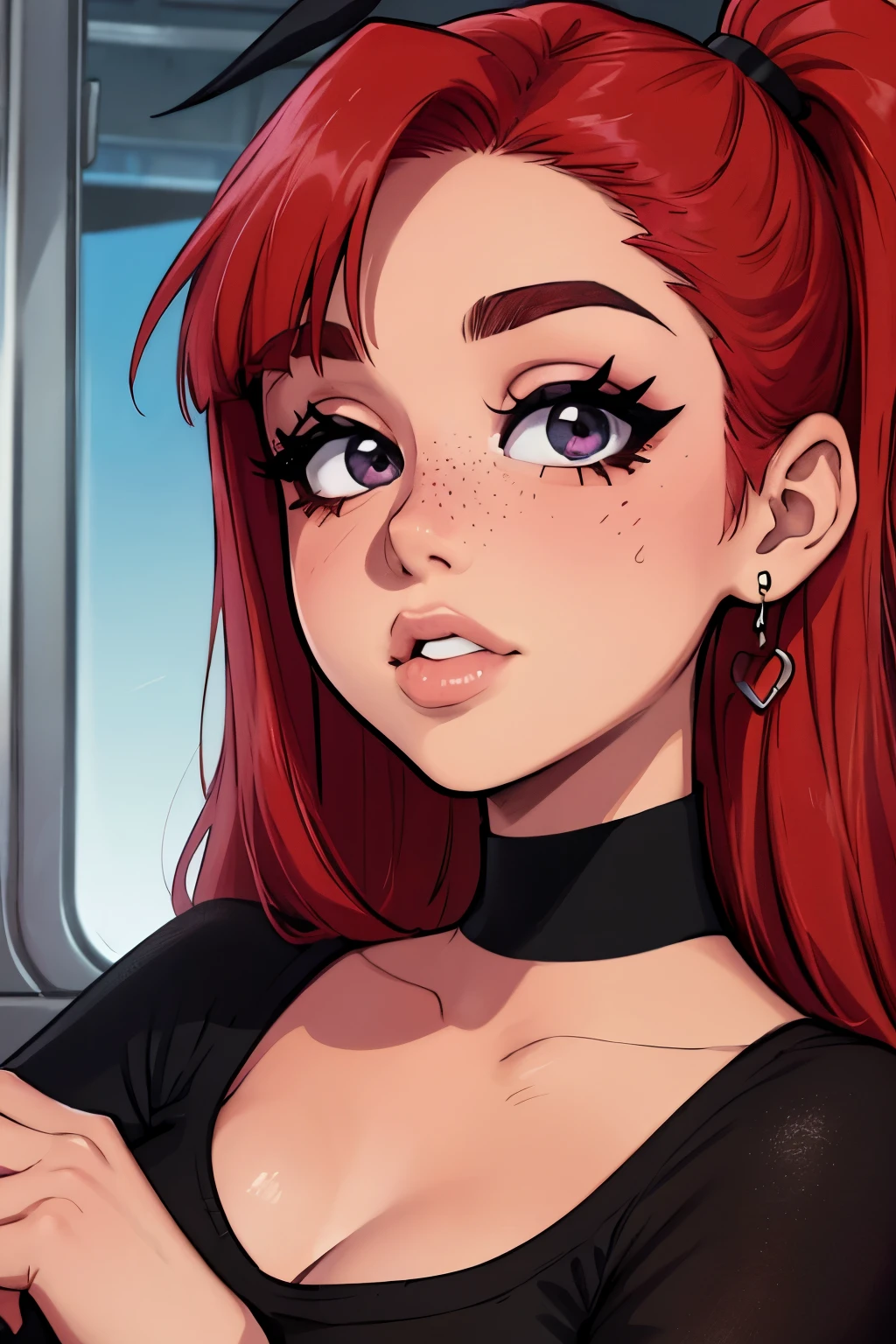 Ariana Grande, Teenager 18 years old, retrato, red_hair, straight_bangs, black_eyes, pecas