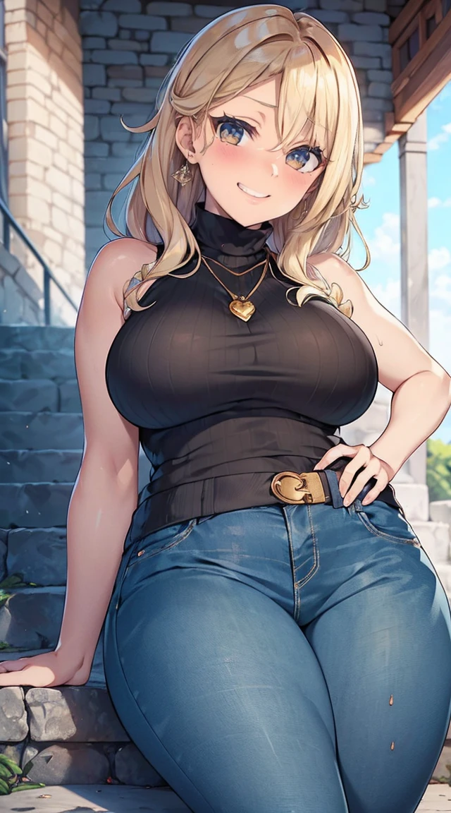 (tampo da mesa, Mais alta qualidade, high resolution, , Pixel Perfeito, 4K,), 1 garota, Solteiro, sozinho, linda mulher、Eu pude ver todo o corpo、 ((cabelo meio ondulado, franja, Cabelo castanho)), ((olhos castanhos, beautiful eyelashes, realista eyes)), ((rosto detalhado, corar:1.2)), ((textura lisa:0.75, realista texture:0.65, realista:1.1, Estilo CG de anime)), medium breasts, dynamic angle, corpo perfeito, ((, Beige sleeveless sweater with turtleneck、Saia jeans justa、meias pretas、lindo colar、brincos、Abra bem as duas pernas、ajoelhe-se)), olhar para cima、shy smile、sit on the stairs of the university campus、Angle from below、enfatizar o peito、、pink lace panties are visible、